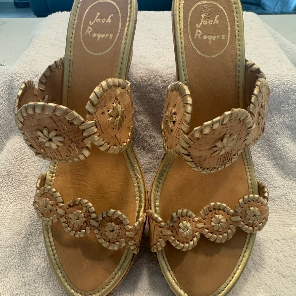 NWOB Jack Rogers Lauren Neutral Cork Gold Stitched Wedge Heels Sandals Size 11 M